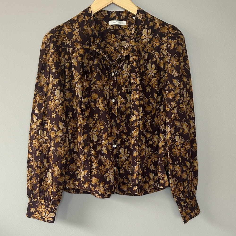 Doen Norma Blouse Shirt Size XS Fern Grove Floral Tie Neck Brown‎ Tan